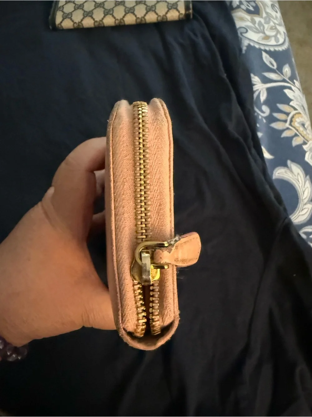Prada Bow Zip-Around Wallet in Pale Peach with Gold Logo